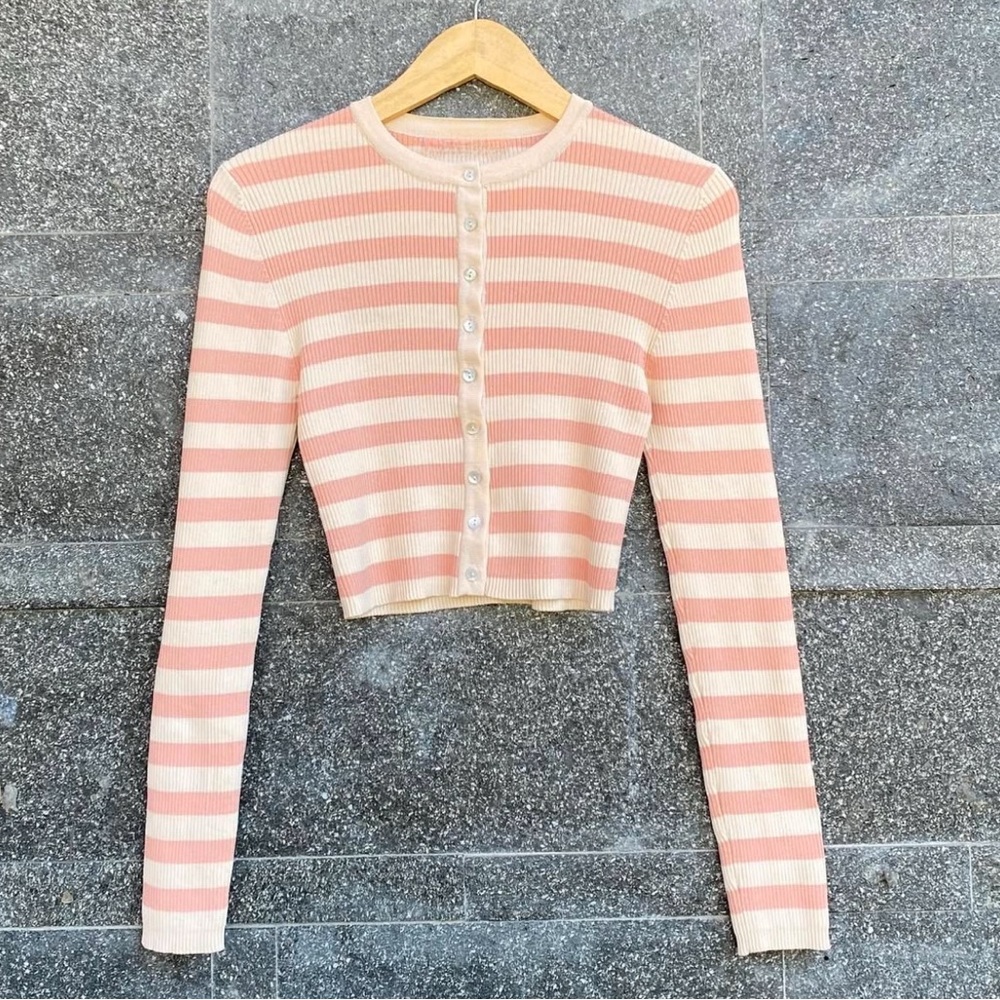 ZARA Striped Cropped Cardigan Sweater - Cream/Pink - Size S - NWoT - Picture 2 of 3